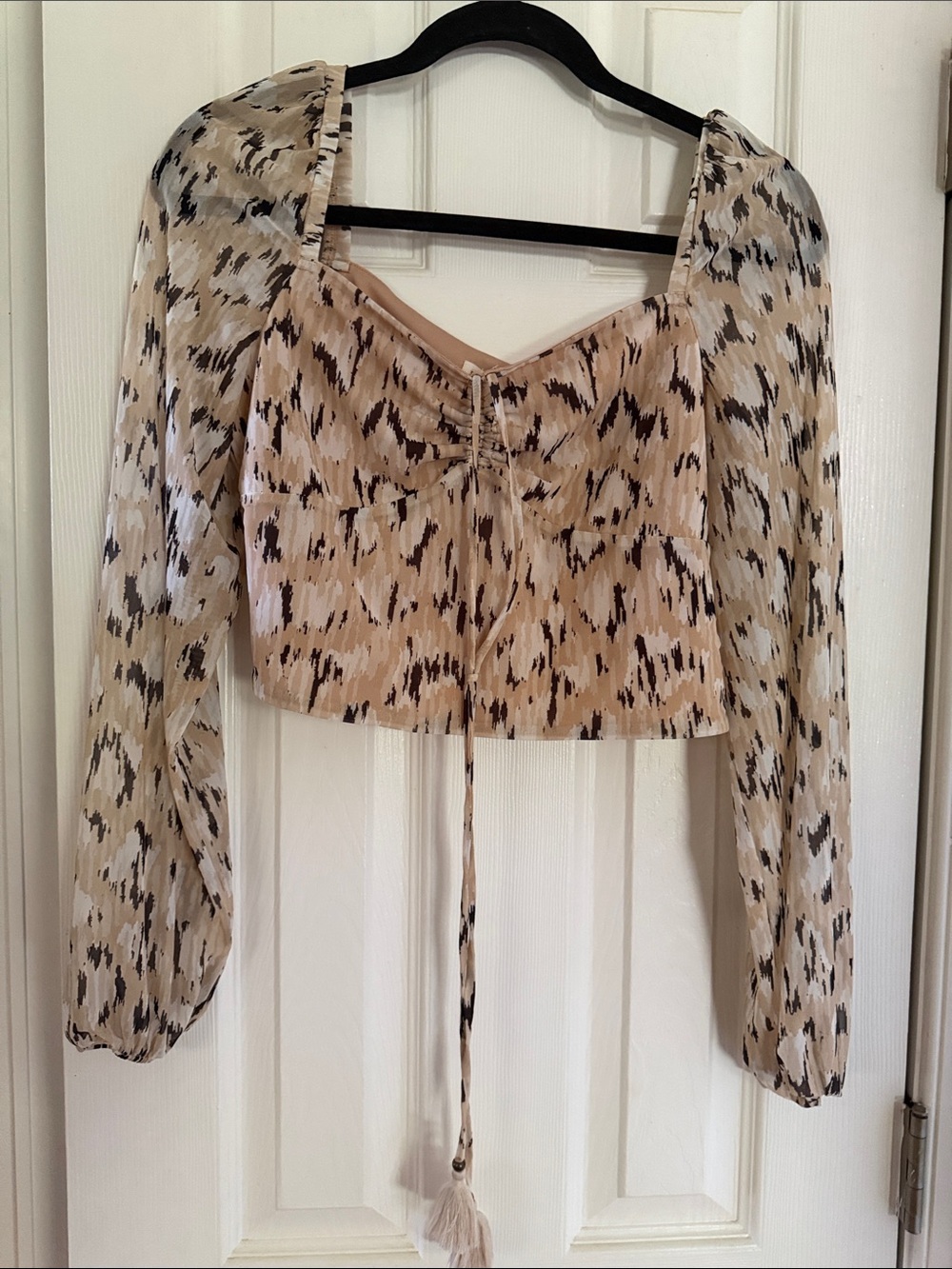 Idyllwind Beige and Black Printed Sheer Long-Sleeve Crop Top